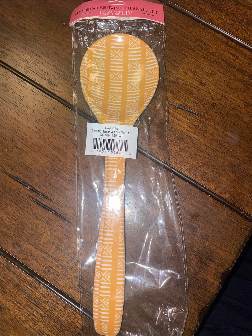 Izzy & Liv Yellow and White Bamboo Serving Spoon with Tribal Pattern